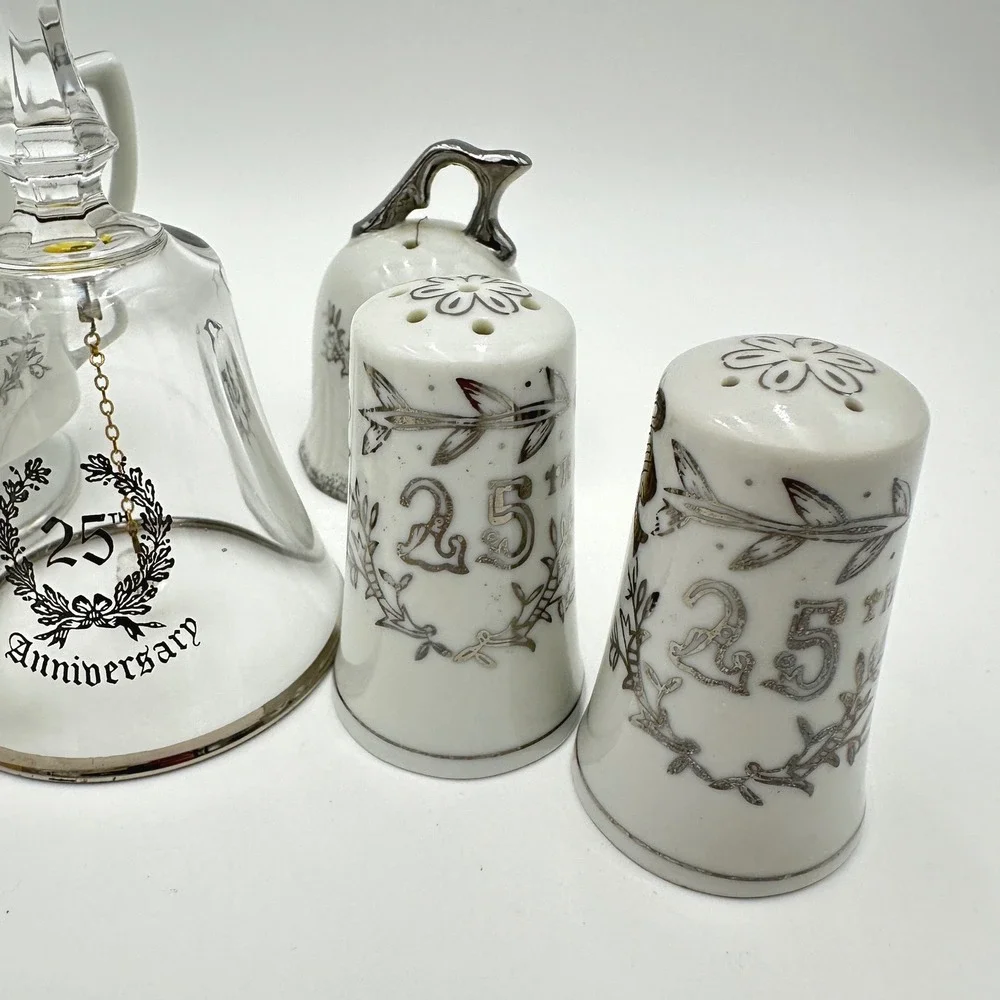 Lefton E&R France 25th Anniversary Porcelain Silver Cup Shakers Crystal Bell